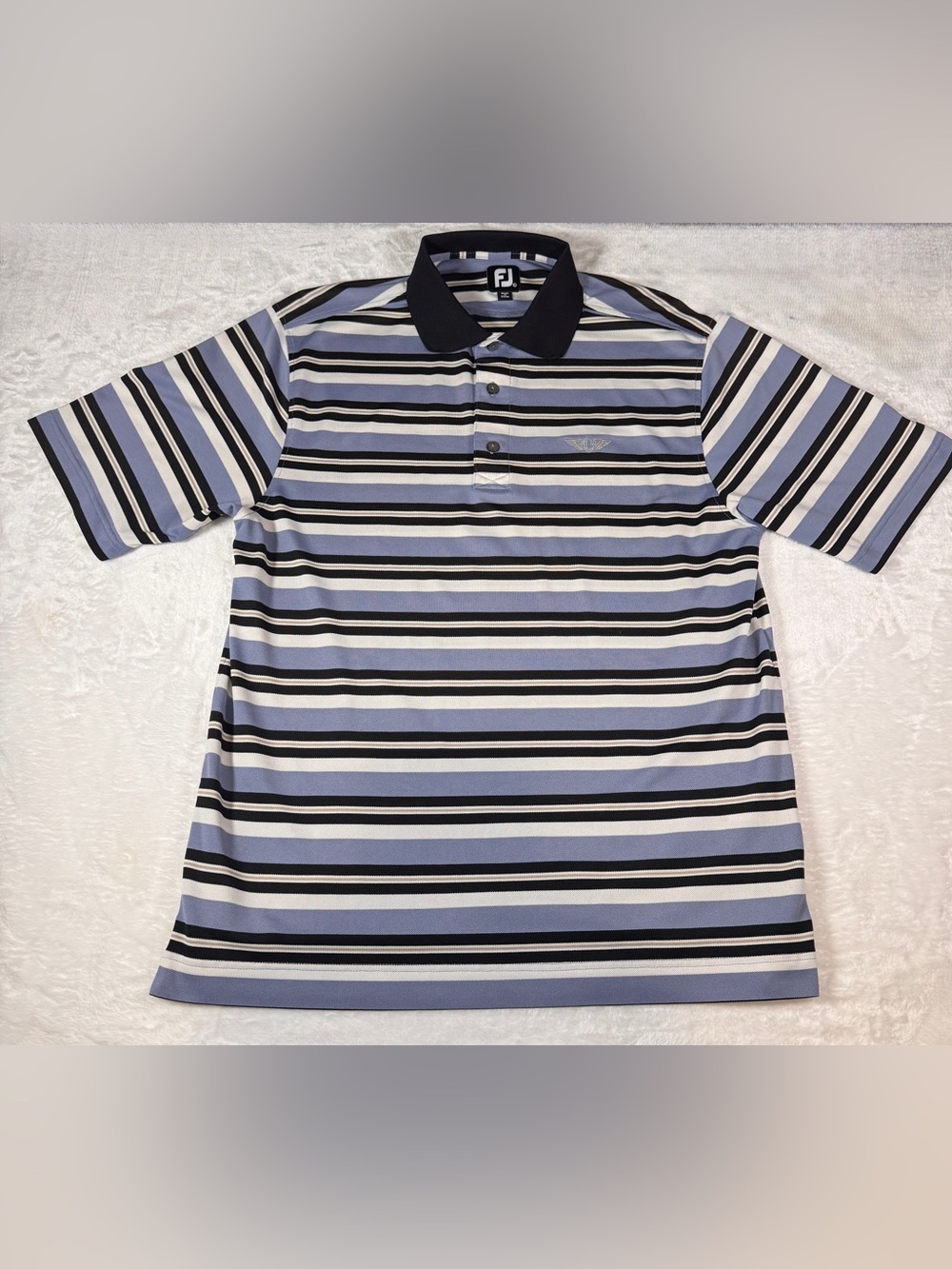 FootJoy Men’s Large Golf Polo Blue Black White Striped Stretch Performance Shirt